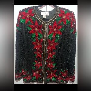 Vintage Lawrence Kazar Silk Sequin Beaded Poinsettia Flower Jacket Sz S